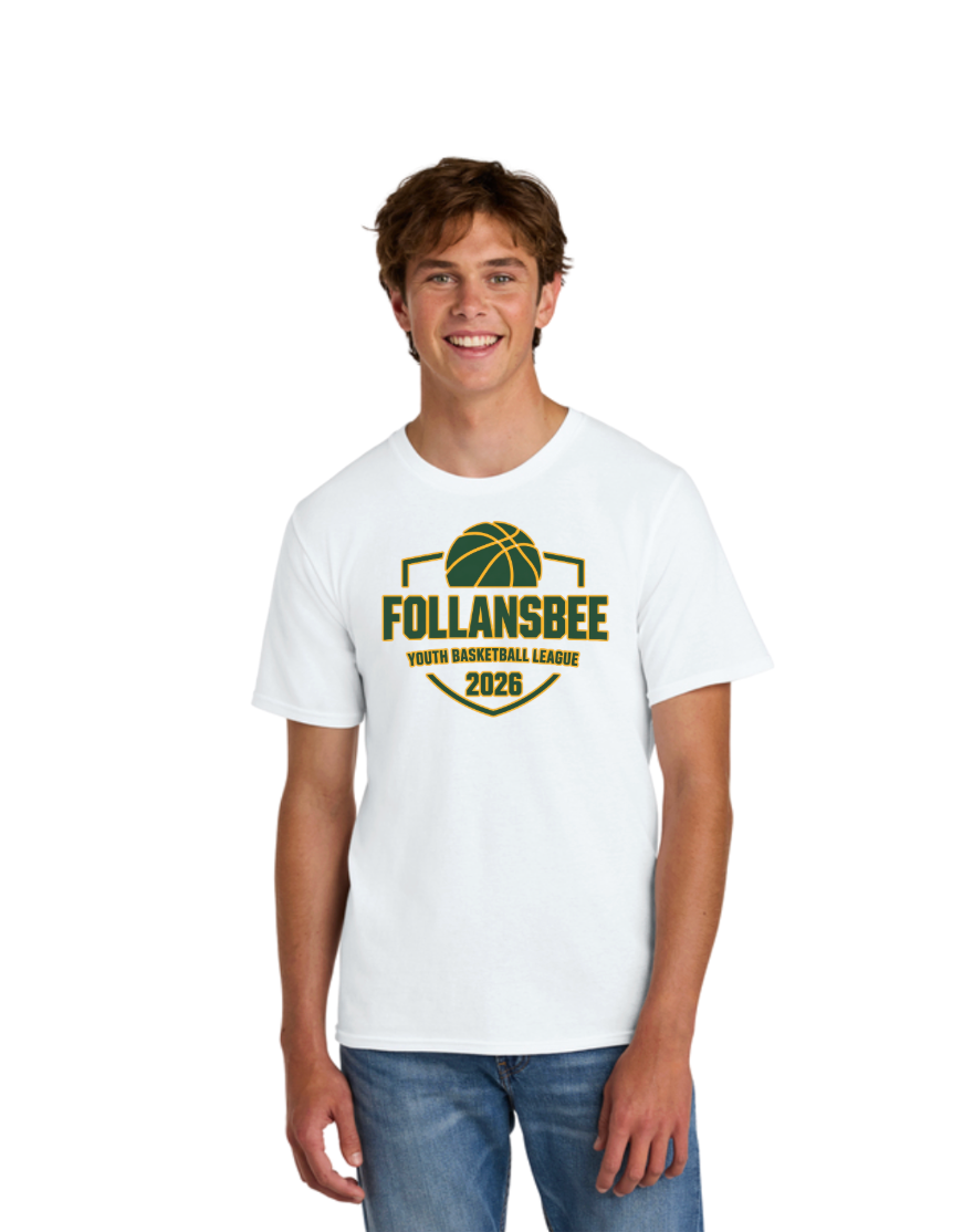 Adult Unisex Follansbee Youth Basketball Tee - Green and Gold Logo