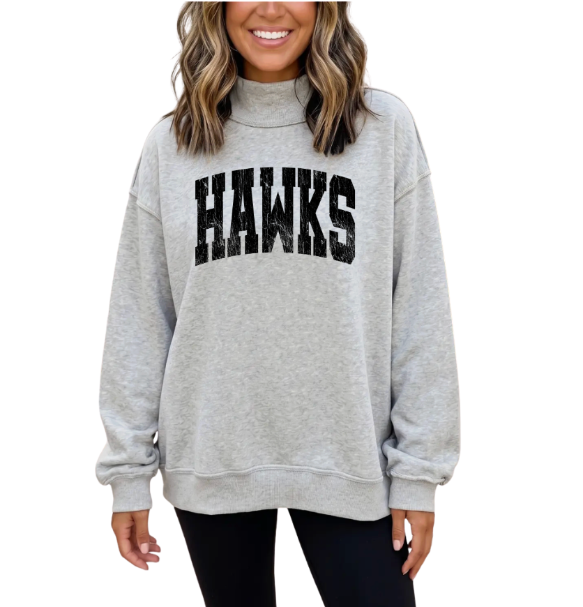 Adult Unisex Westerville Central Distressed Hawks Graphic Oversize Mock Neck Sweatshirt