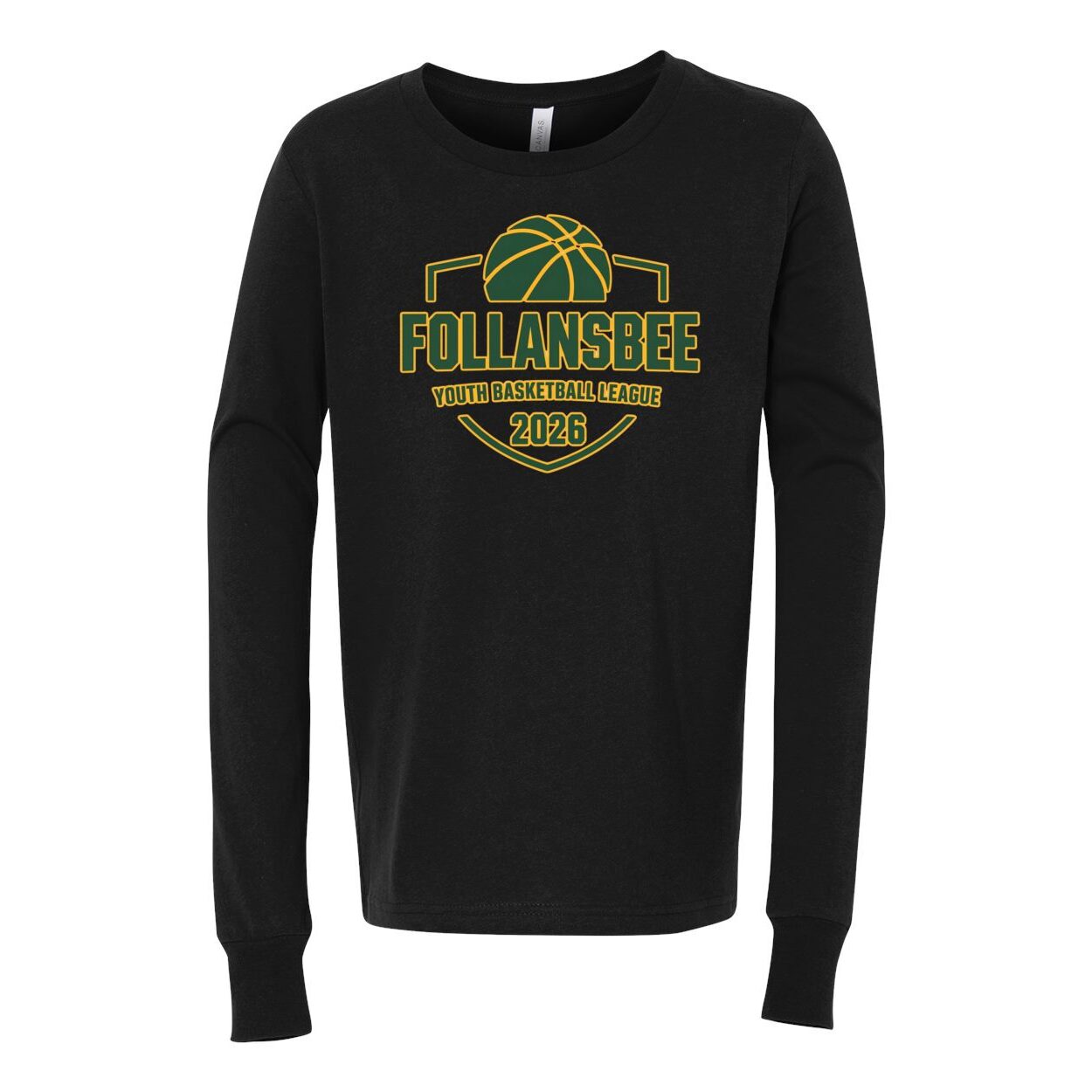 Kids Follansbee Youth Basketball Long Sleeve Tee - Green and Gold Logo