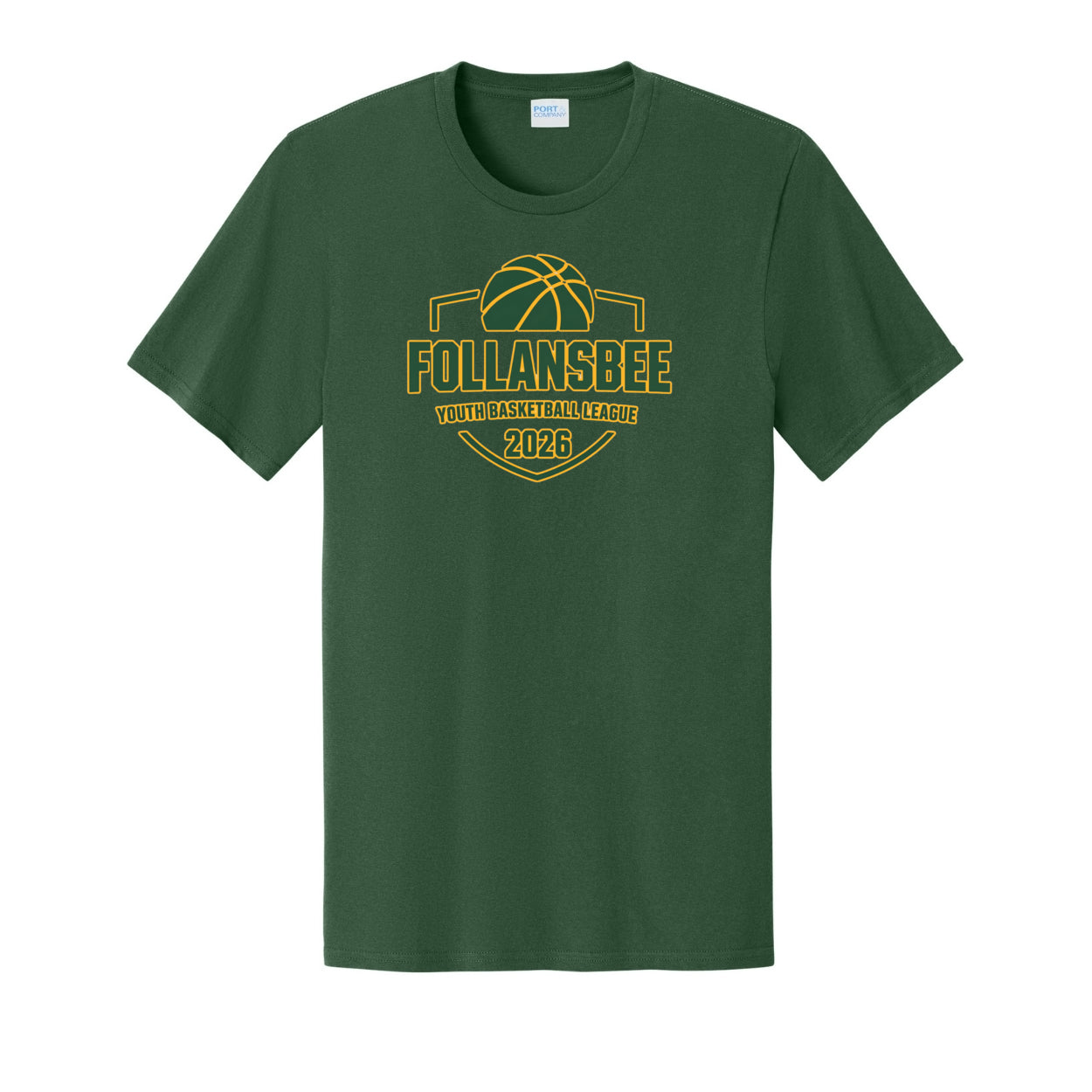Adult Unisex Follansbee Youth Basketball Tee - Green and Gold Logo