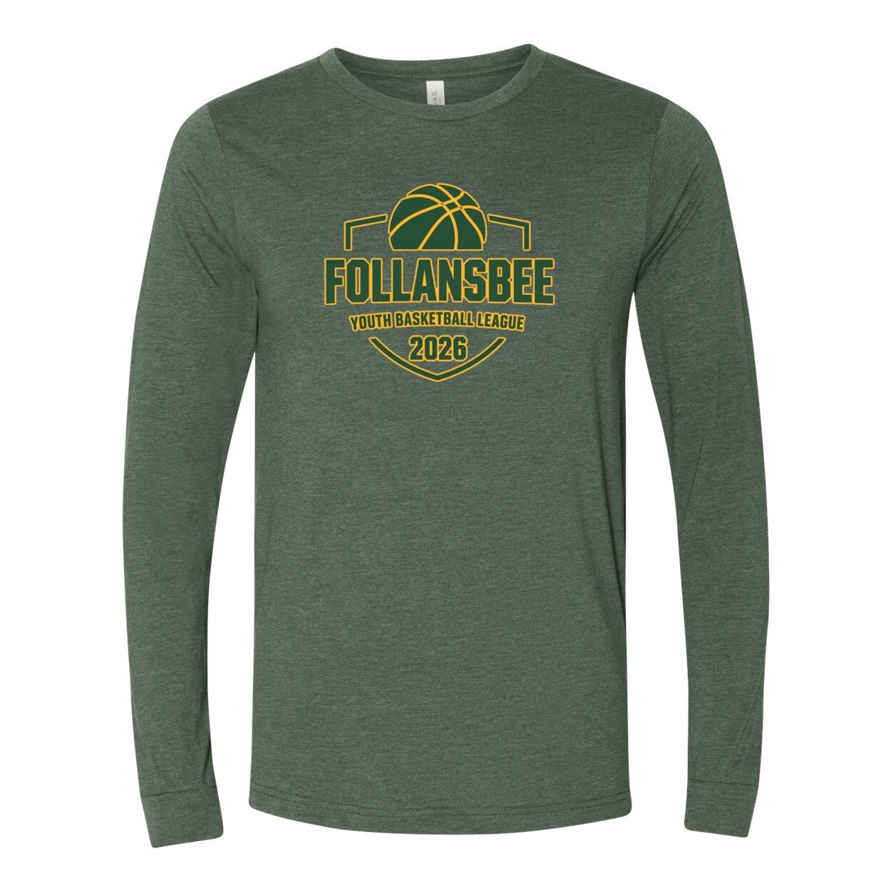 Adult Unisex Follansbee Youth Basketball Long Sleeve Tee - Green and Gold Logo