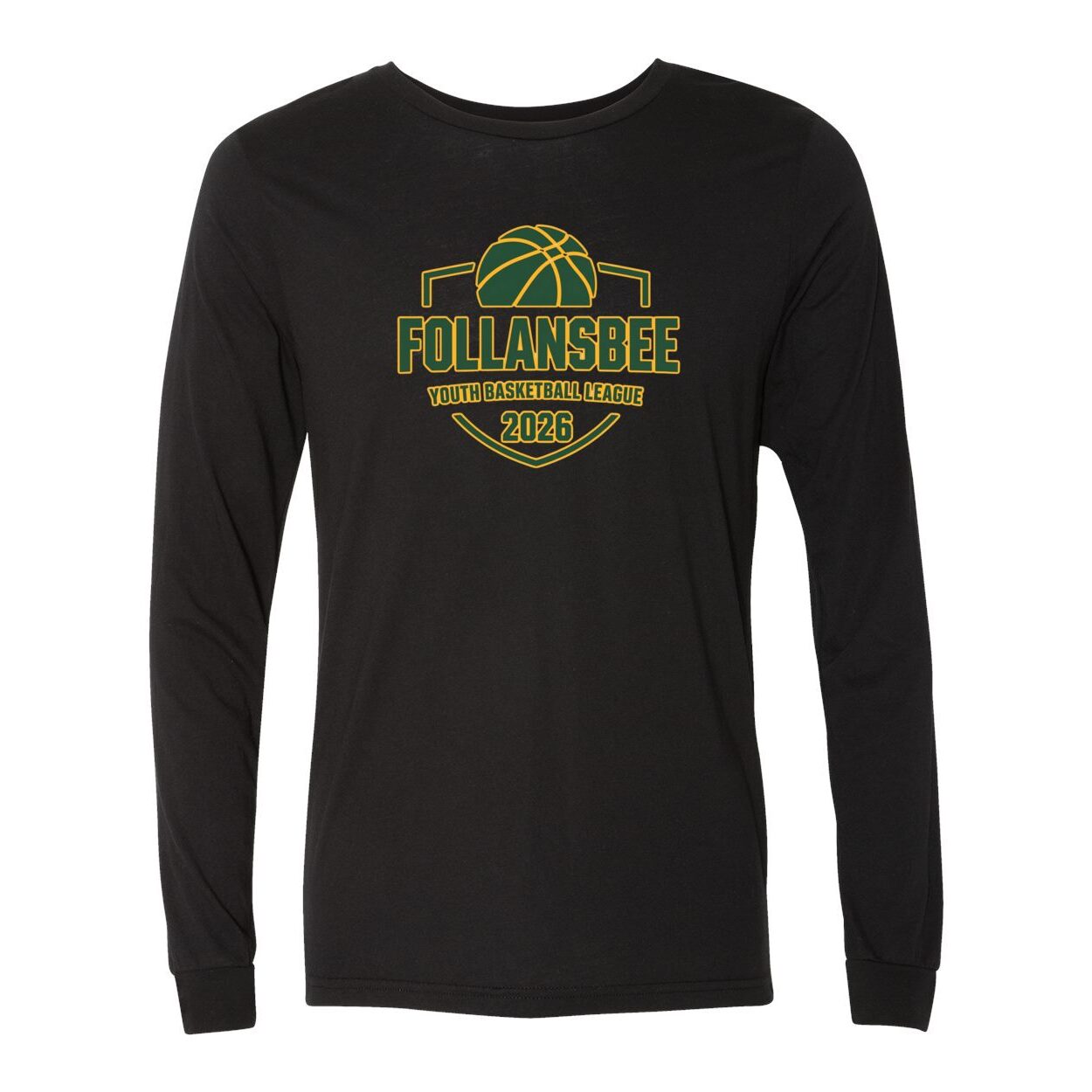 Adult Unisex Follansbee Youth Basketball Long Sleeve Tee - Green and Gold Logo