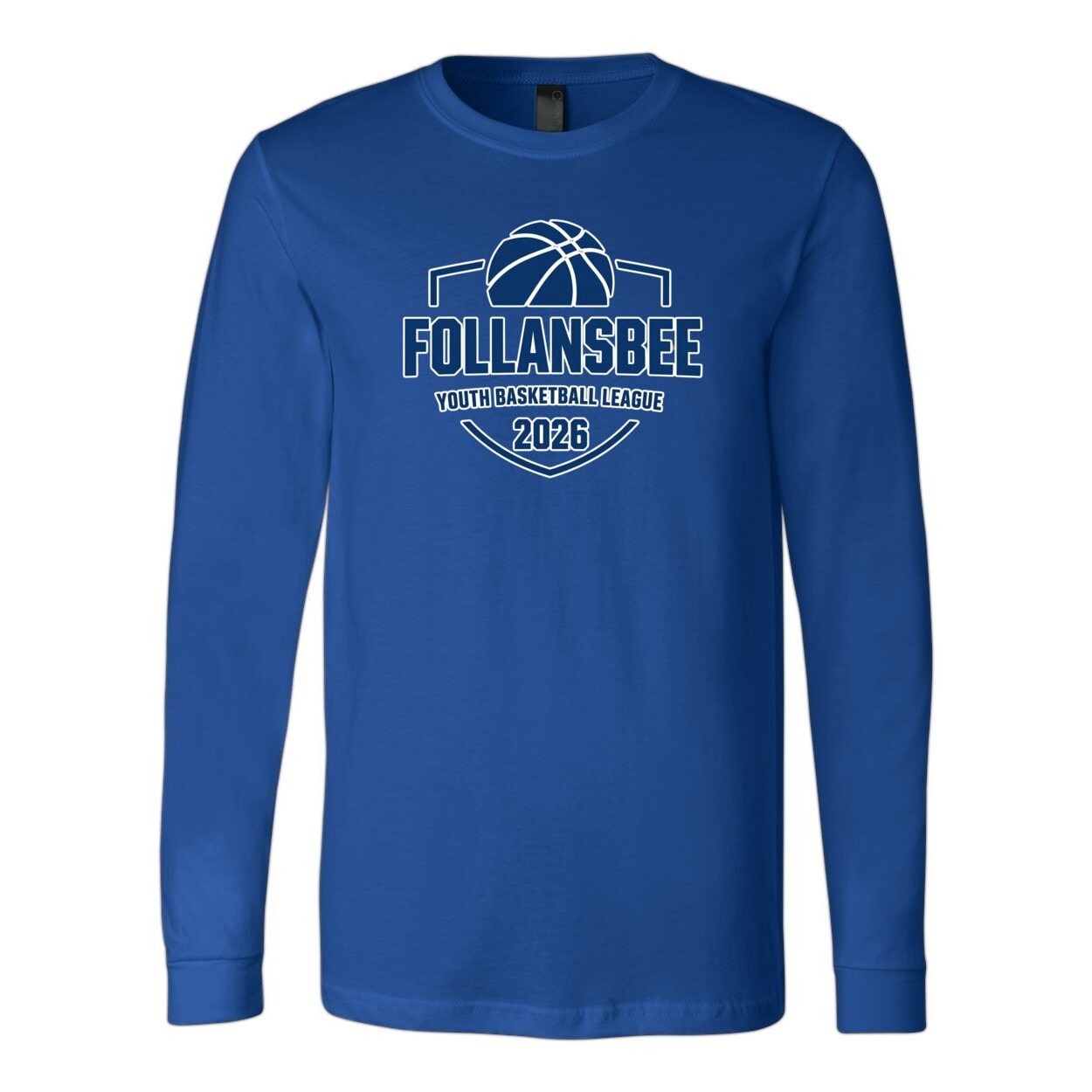 Adult Unisex Follansbee Youth Basketball Long Sleeve Tee - Blue and White Logo