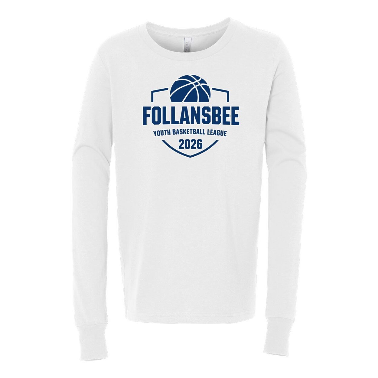 Kids Follansbee Youth Basketball Long Sleeve Tee - Blue and White Logo