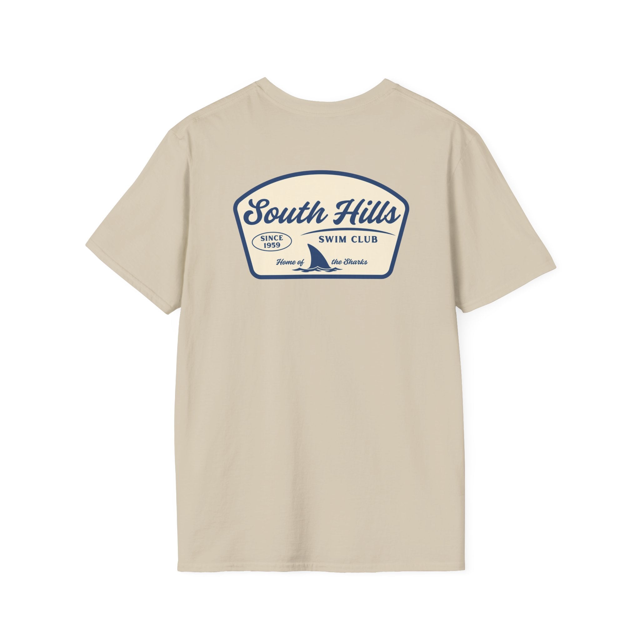 Adult Unisex South Hills Swim Club Home of the Sharks Graphic Short Sleeve Gildan Softstyle Tee