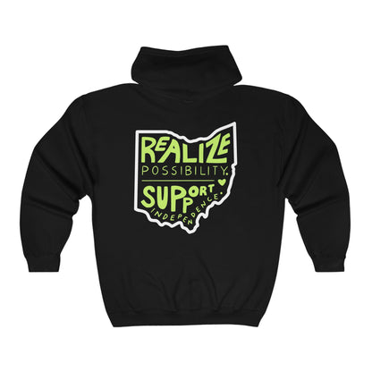 Adult Unisex "Realize Possibilities Support Independence" Bridgeway Graphic Full Zip Hooded Sweatshirt Jacket