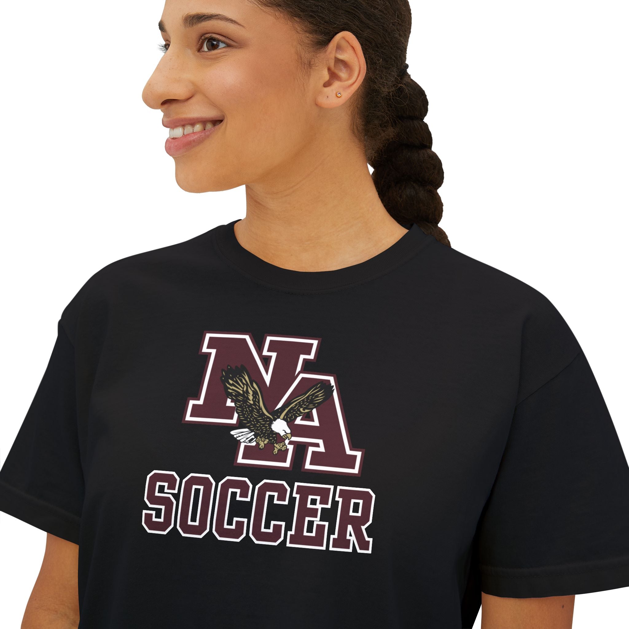 Women's New Albany Classic Maroon Soccer Logo Graphic Boxy Crop Short Sleeve Tee