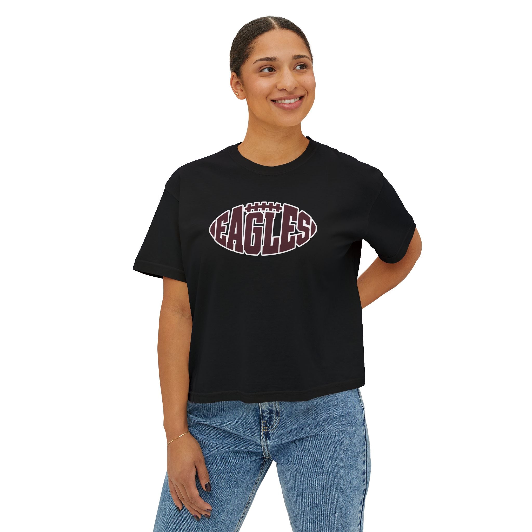 Women's New Albany Football Eagle Ball Graphic  Boxy Crop Short Sleeve Tee