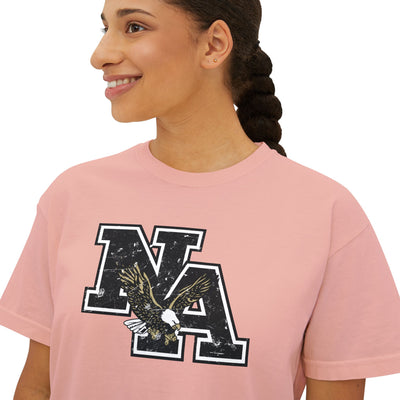 Women's Vintage Distressed Black Logo Boxy Crop Short Sleeve Graphic Tee