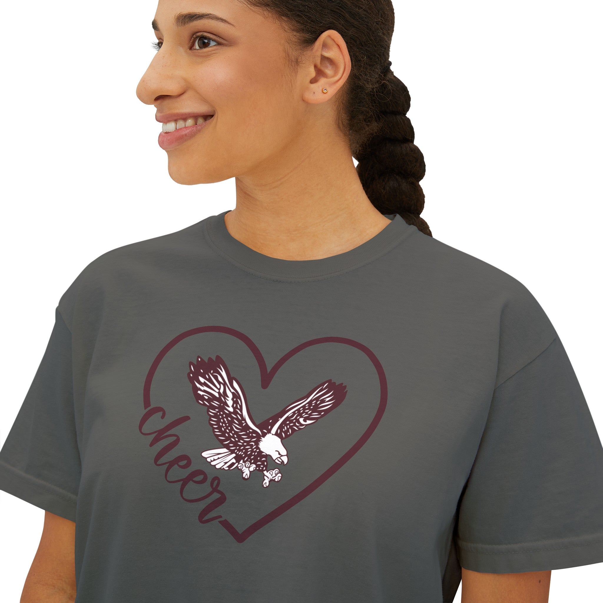 Women's Eagles Cheer Love Boxy Crop Short Sleeve Graphic Tee - New Albany Eagles