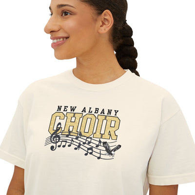 Women's New Albany Choir Digital Glitter Graphic Boxy Crop Short Sleeve Tee
