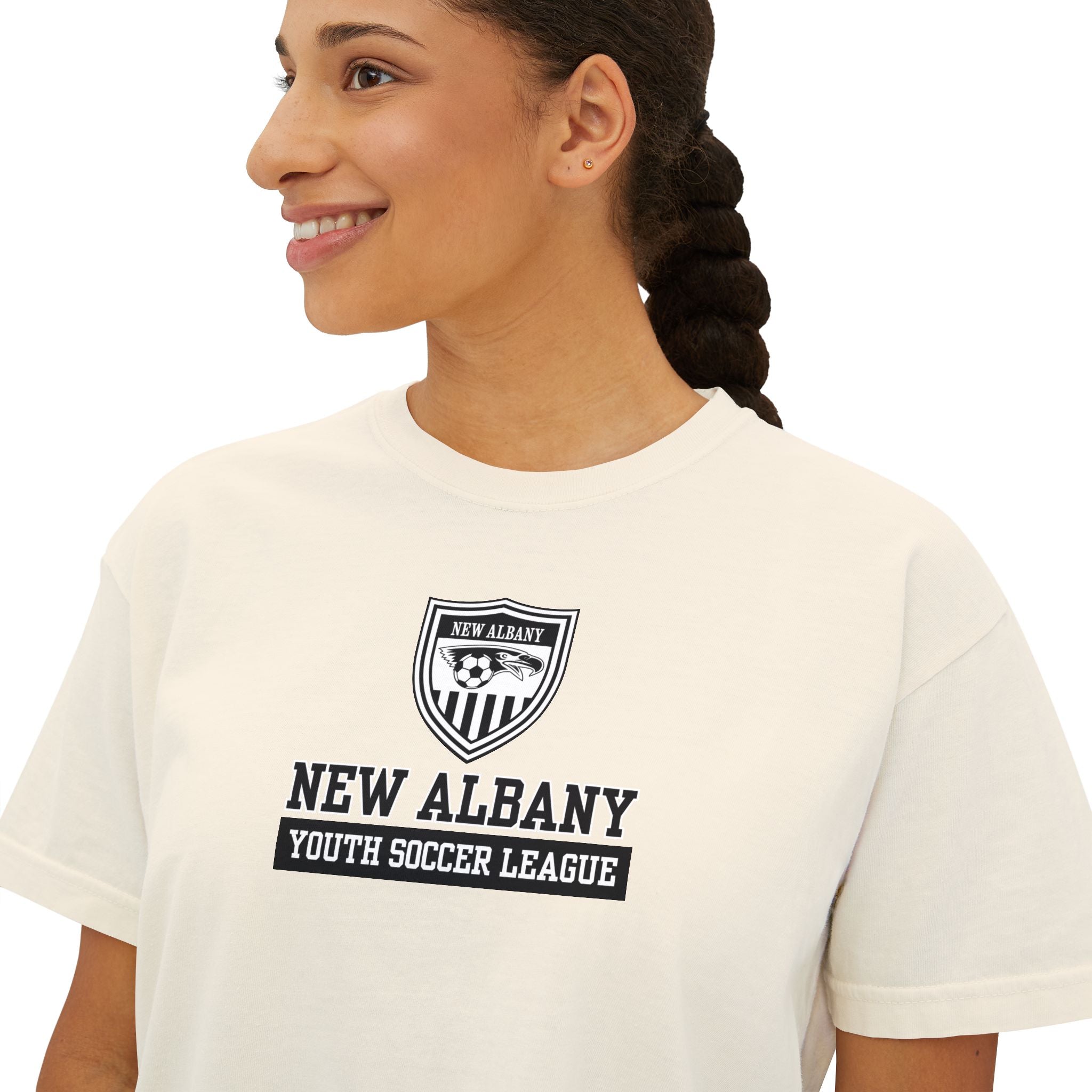 Women's New Albany Youth Soccer League Game Day Graphic Boxy Crop Short Sleeve Tee