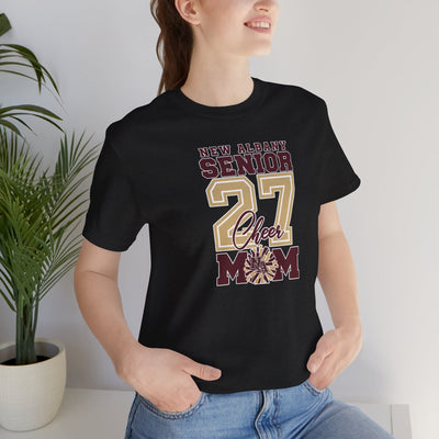 Adult Unisex New Albany 2027 Senior Cheer Mom Graphic Short Sleeve Bella + Canvas Soft Tee