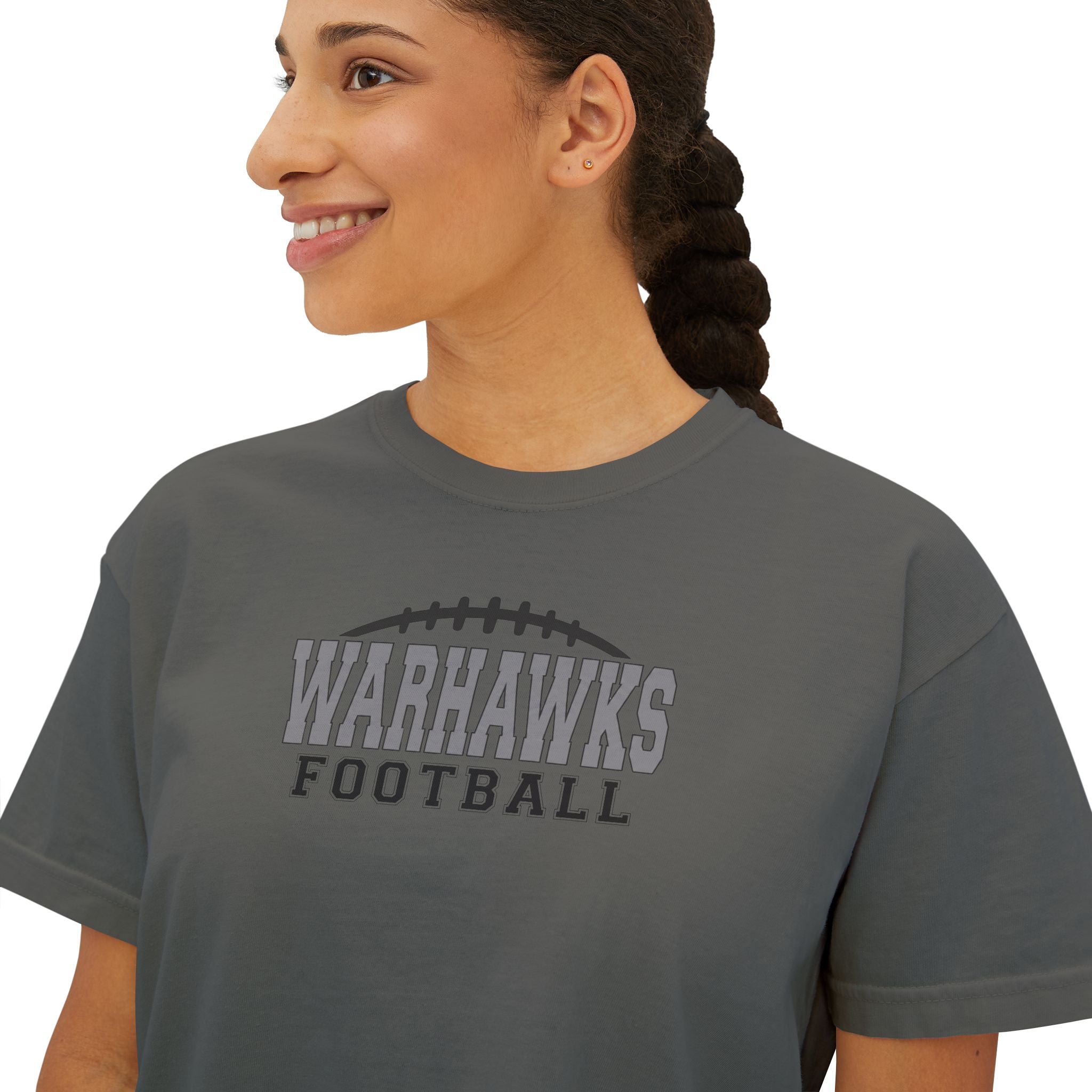 Women's Westerville Central Warhawks Football Laces Graphic Boxy Crop Short Sleeve Tee