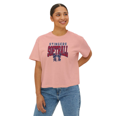 Women's Stingers Softball Stitched Bow Graphic Boxy Crop Short Sleeve Tee