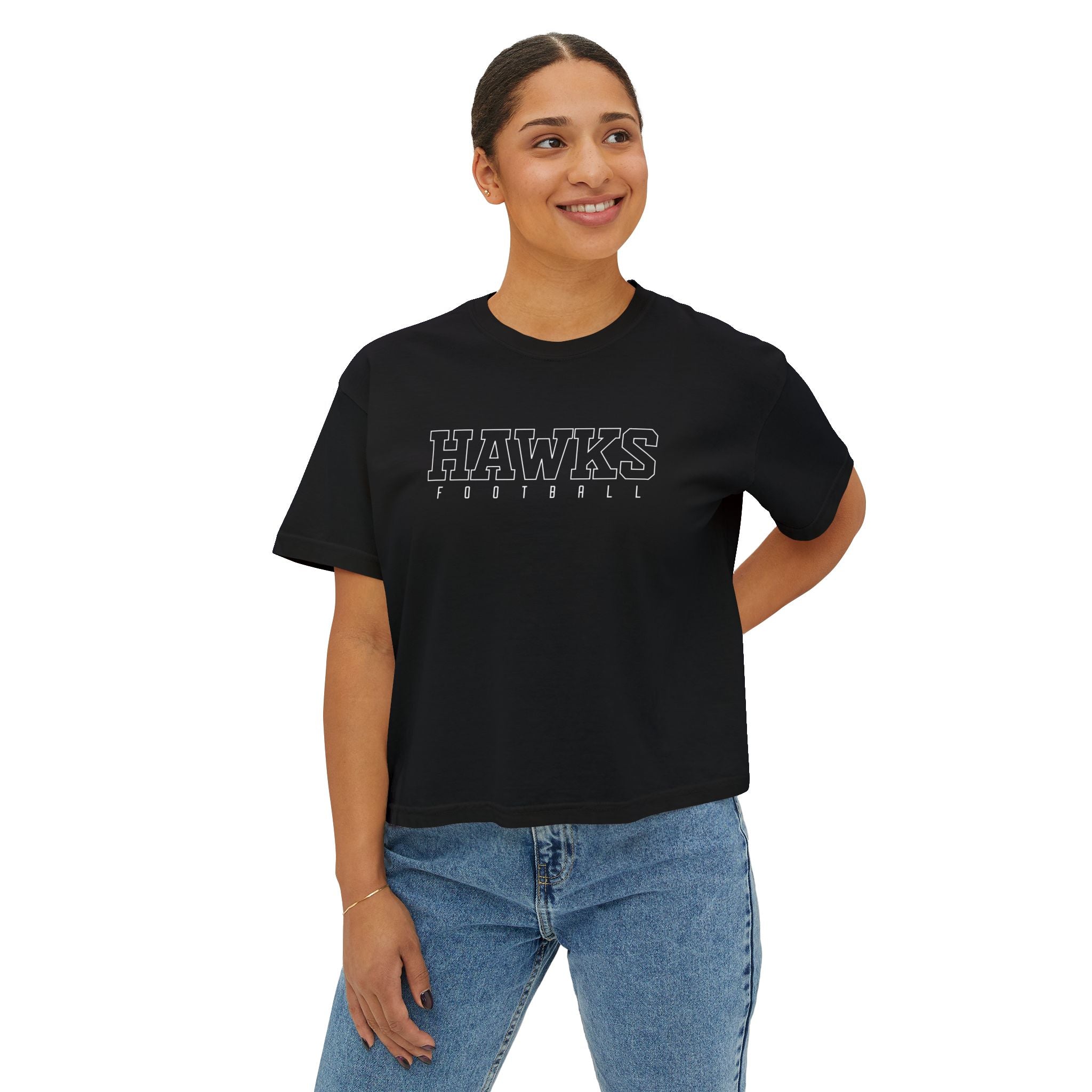 Women's Westerville Central Block Hawks Football Graphic Boxy Crop Short Sleeve Tee