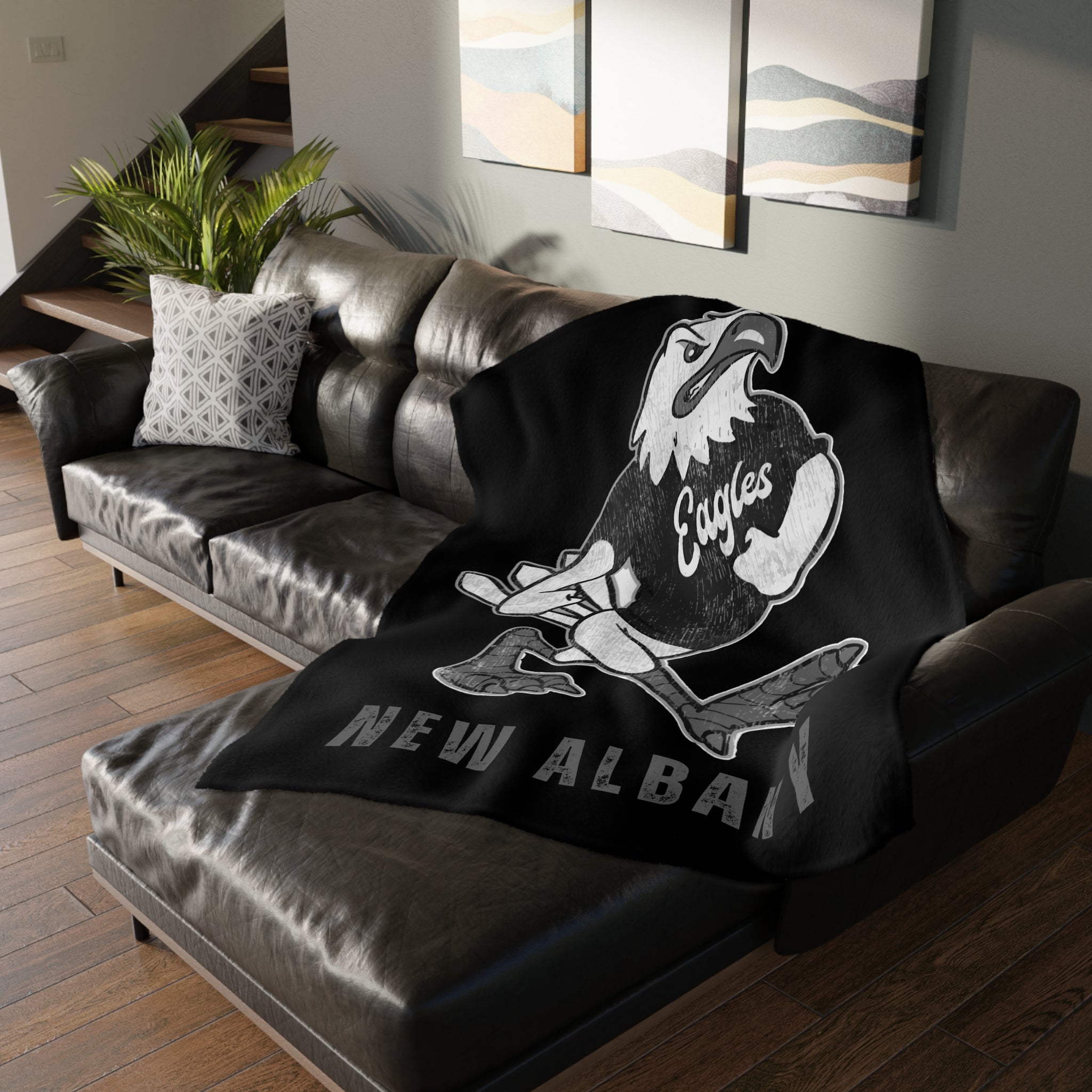 New Albany Black and White Vintage Fighting Eagle Graphic Super Soft Velveteen Microfiber Blanket (Two-sided print)
