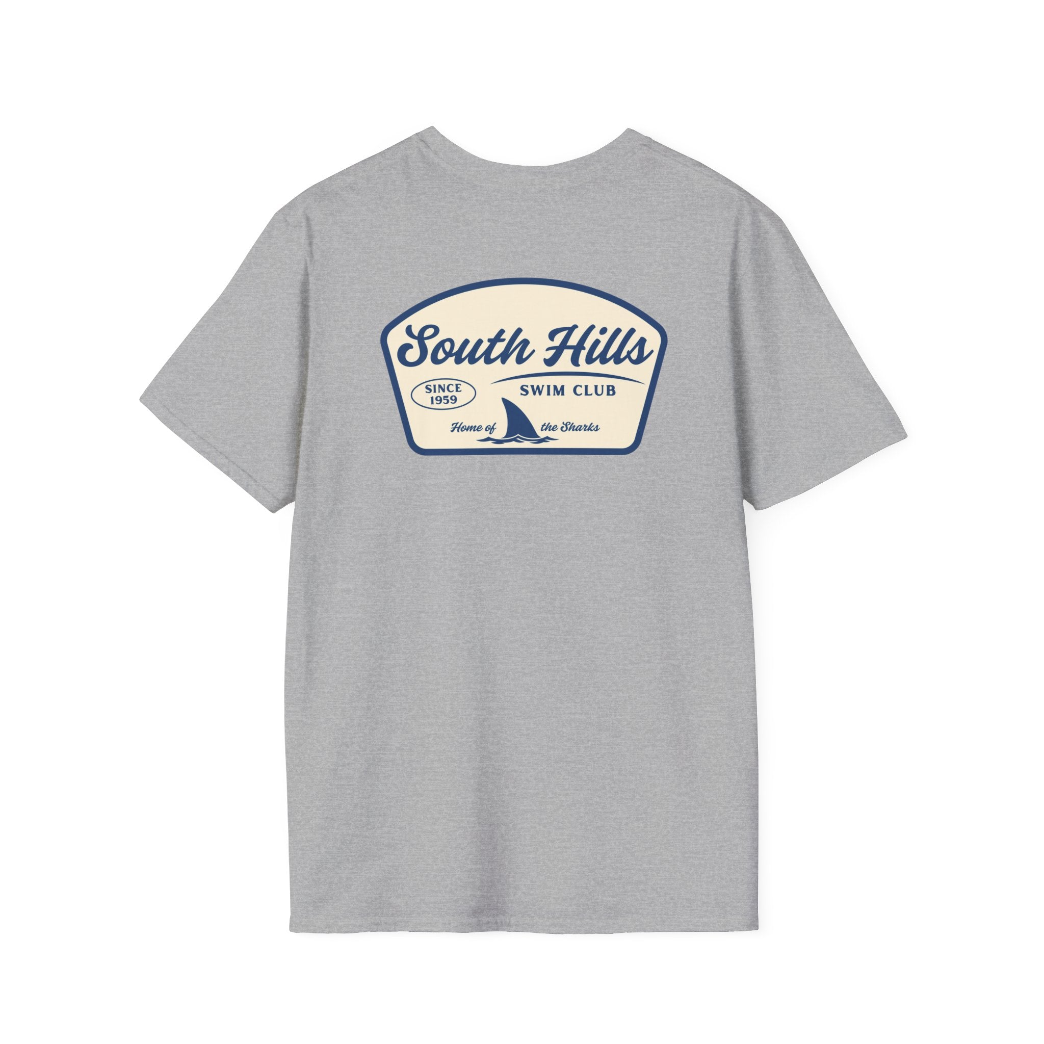 Adult Unisex South Hills Swim Club Home of the Sharks Graphic Short Sleeve Gildan Softstyle Tee