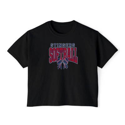 Women's Stingers Softball Stitched Bow Graphic Boxy Crop Short Sleeve Tee