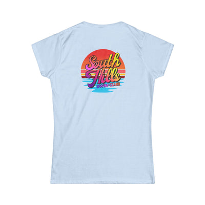 Women's South Hills Swim Club Sunset Script Graphic Short Sleeve Gildan Softstyle Tee