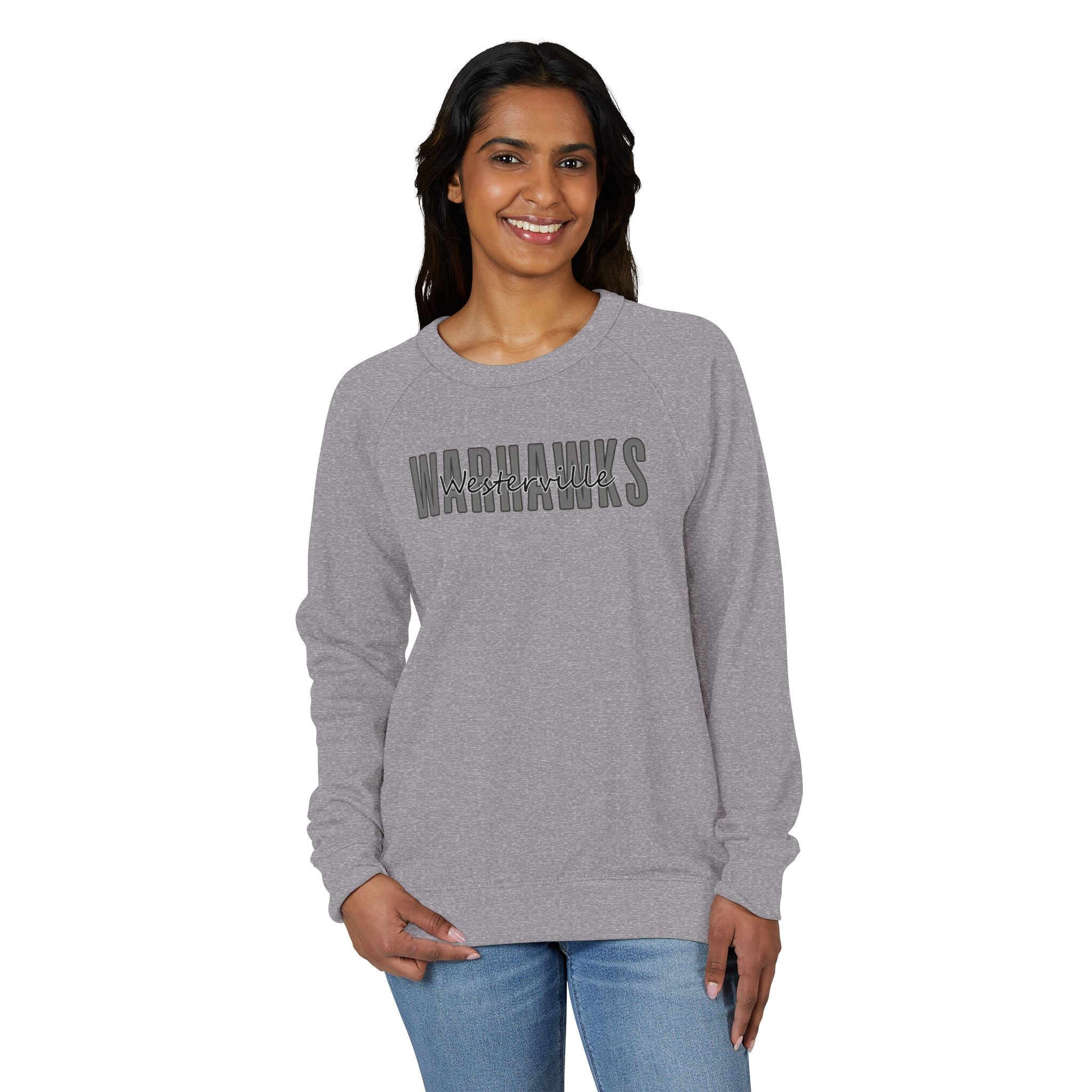 Adult Unisex Westerville Central Warhawks Spirit Script Graphic French Terry Raglan Crewneck
