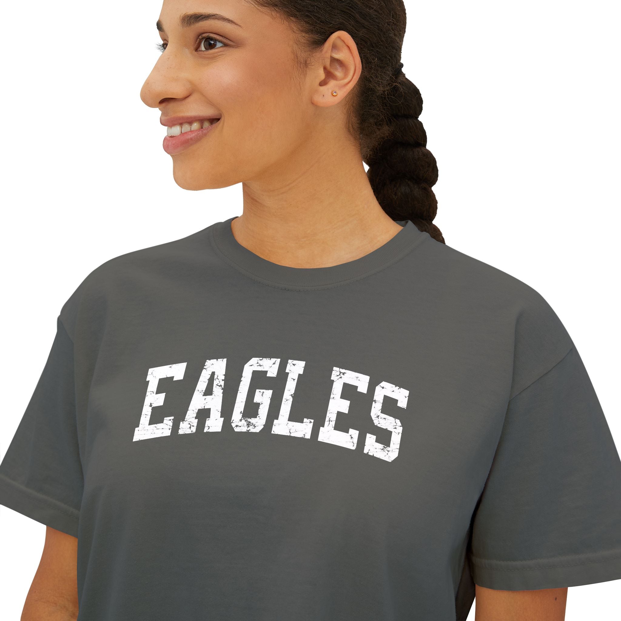 Women's Vintage Distressed Eagles Graphic Boxy Crop Short Sleeve Tee