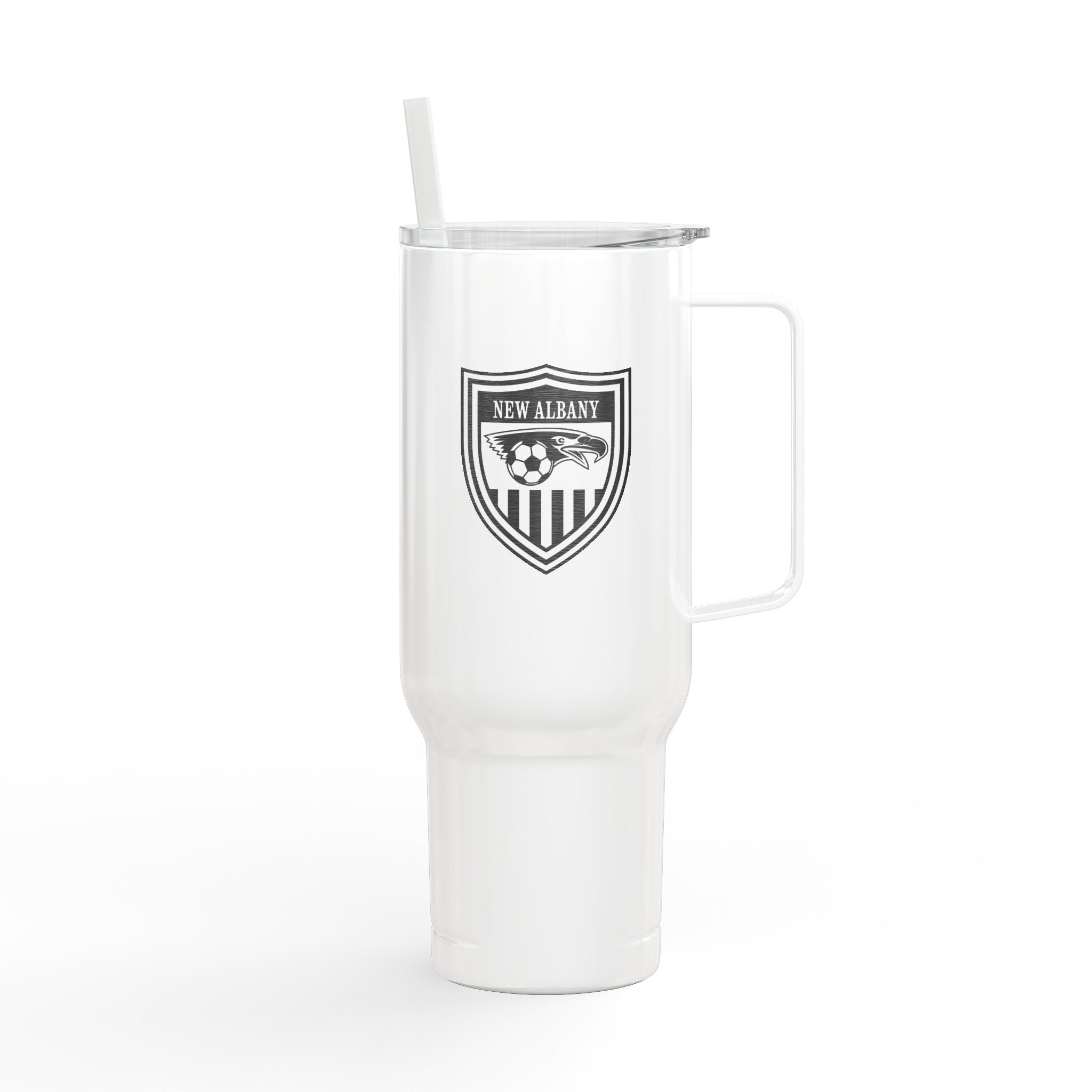 New Albany Youth Soccer League Crest Engraved Koozie Brand Insulated Tumbler with Lid