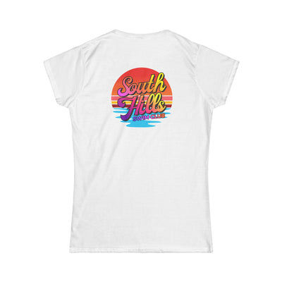 Women's South Hills Swim Club Sunset Script Graphic Short Sleeve Gildan Softstyle Tee