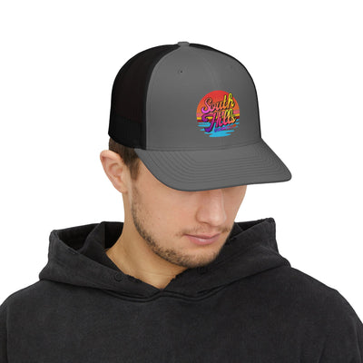 Adult Unisex South Hills Swim Club Sunset Script Graphic Richardson 112 Snapback Trucker Hat