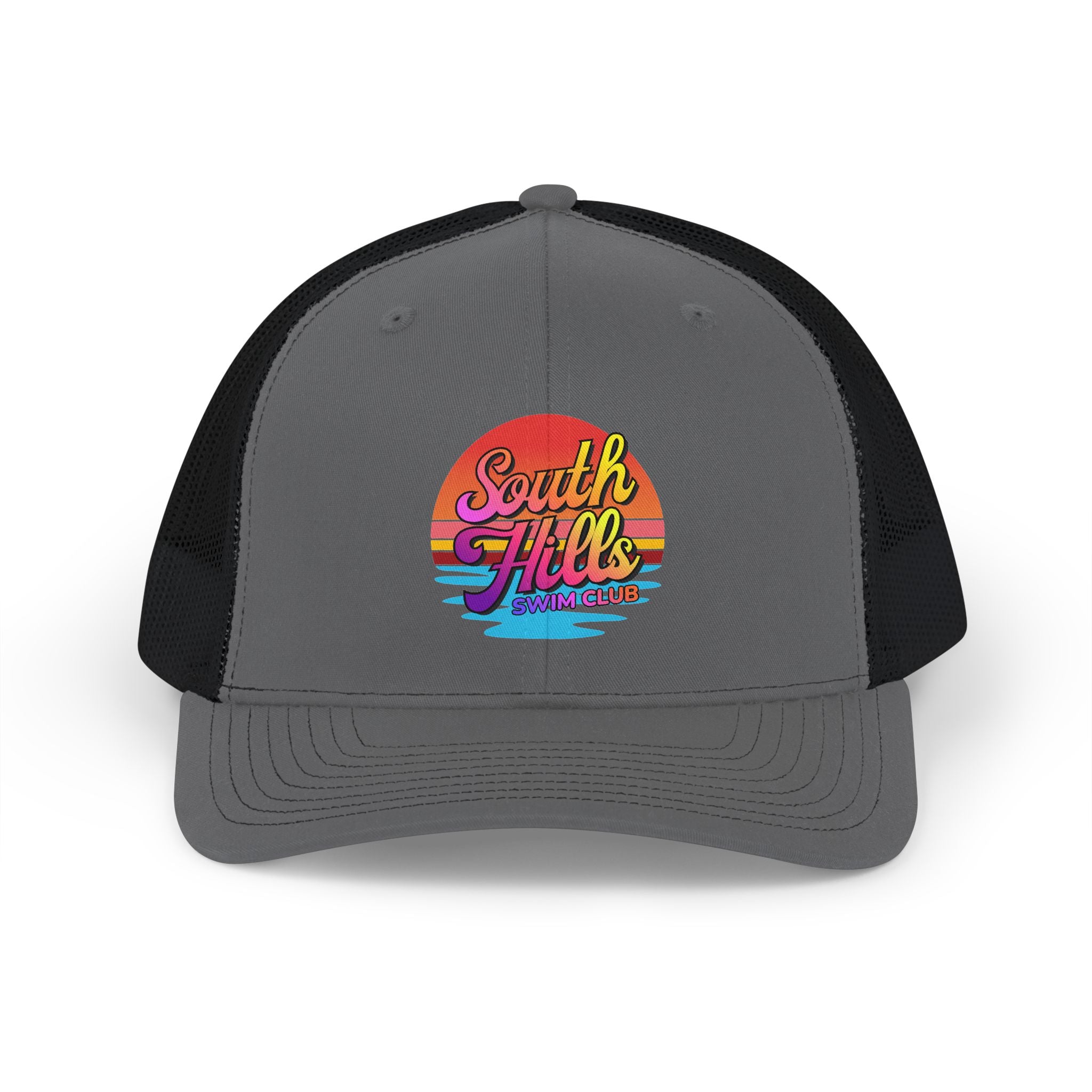 Adult Unisex South Hills Swim Club Sunset Script Graphic Richardson 112 Snapback Trucker Hat