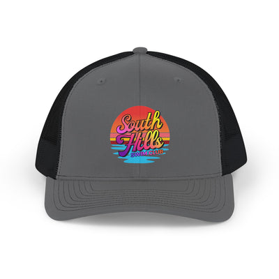 Adult Unisex South Hills Swim Club Sunset Script Graphic Richardson 112 Snapback Trucker Hat
