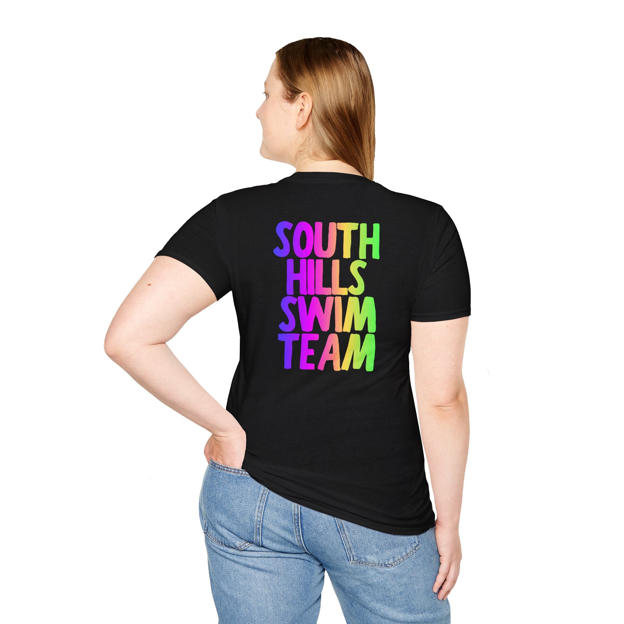 Adult Unisex South Hills Swim Team Neon Rainbow Graphic Short Sleeve Gildan Softstyle Tee