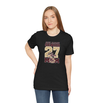 Adult Unisex New Albany 2027 Senior Cheer Mom Graphic Short Sleeve Bella + Canvas Soft Tee