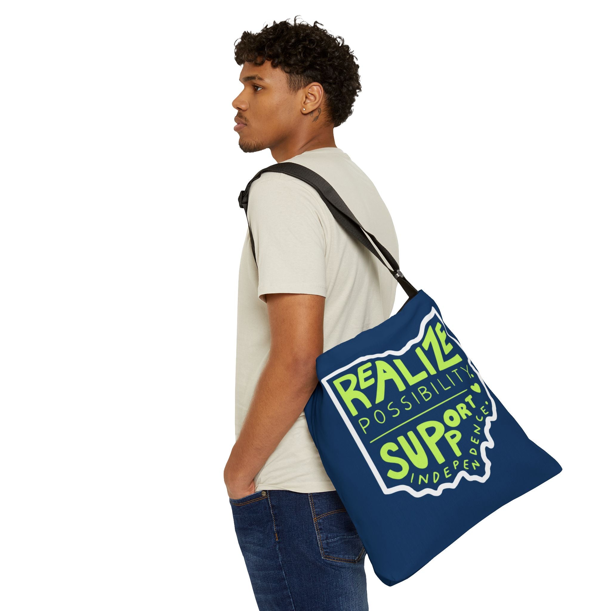 "Realize Possibilities Support Independence" Bridgeway Graphic Adjustable Tote Bag