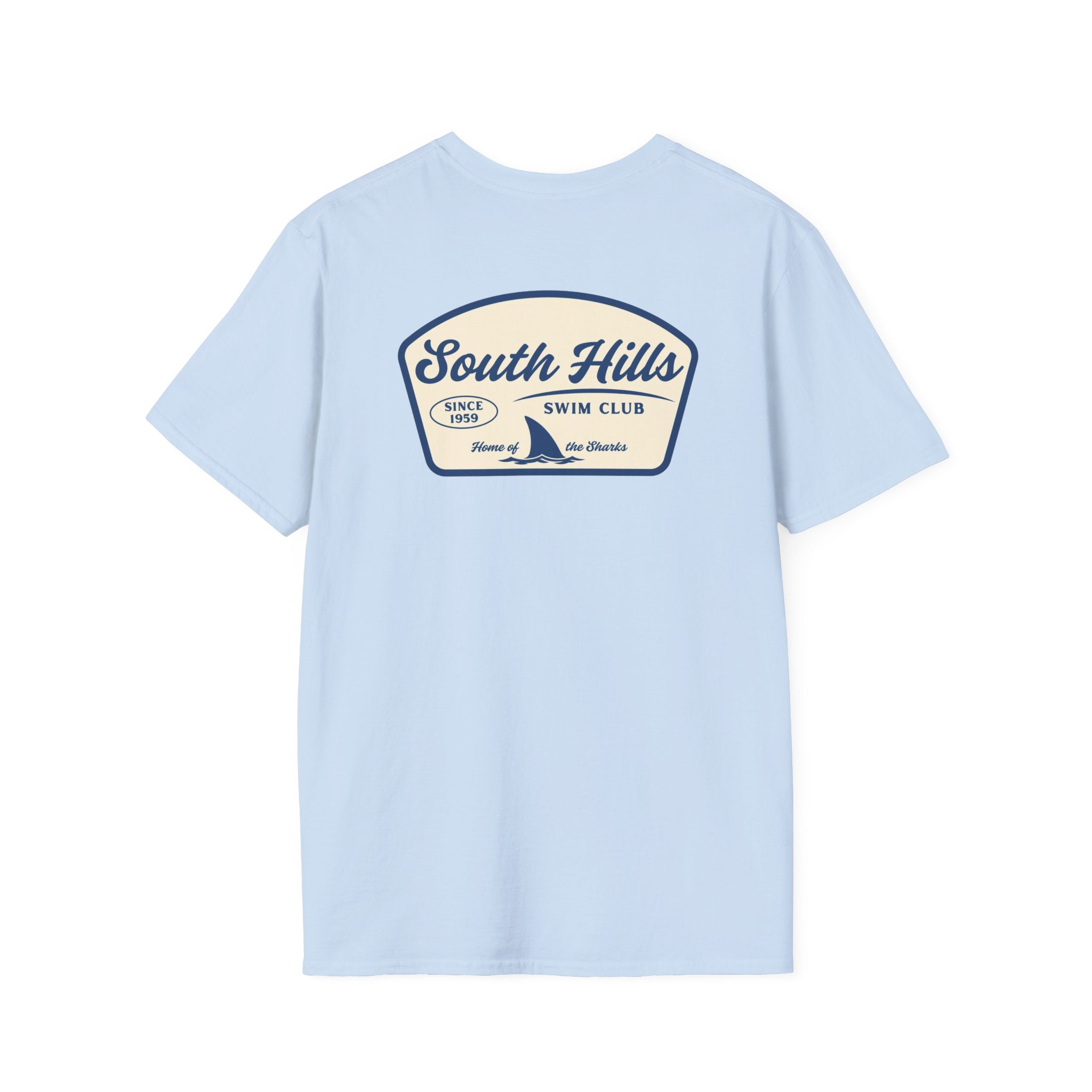 Adult Unisex South Hills Swim Club Home of the Sharks Graphic Short Sleeve Gildan Softstyle Tee