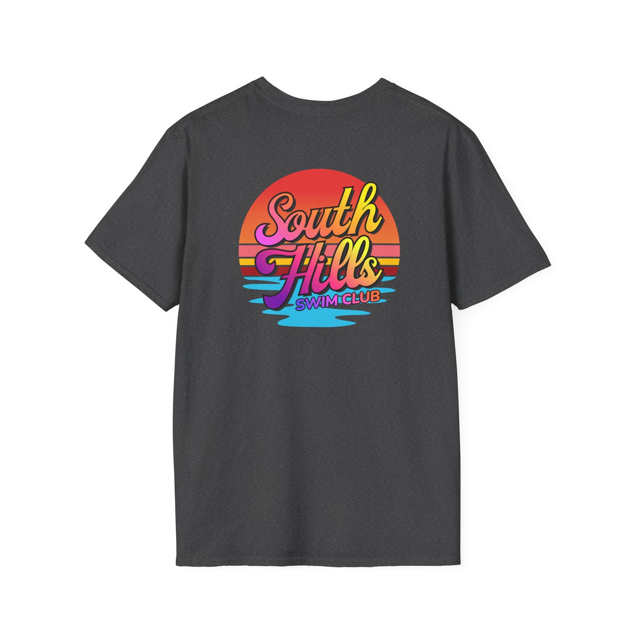 Adult Unisex South Hills Swim Club Sunset Script Graphic Short Sleeve Gildan Softstyle Tee