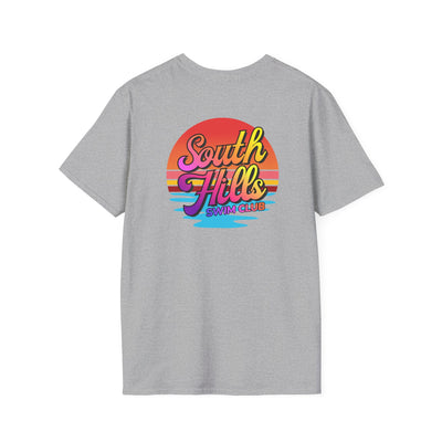 Adult Unisex South Hills Swim Club Sunset Script Graphic Short Sleeve Gildan Softstyle Tee