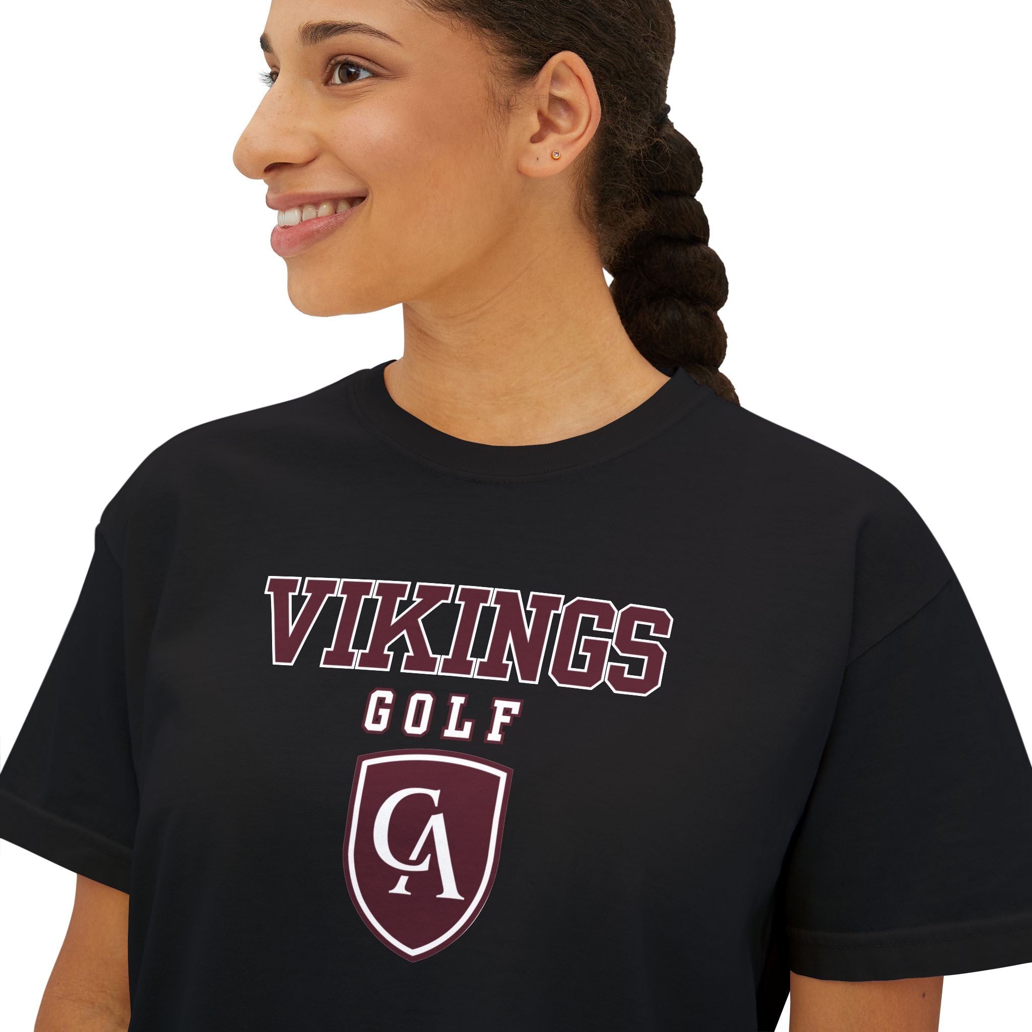 Women's Columbus Academy Vikings Golf Graphic Boxy Crop Short Sleeve Tee
