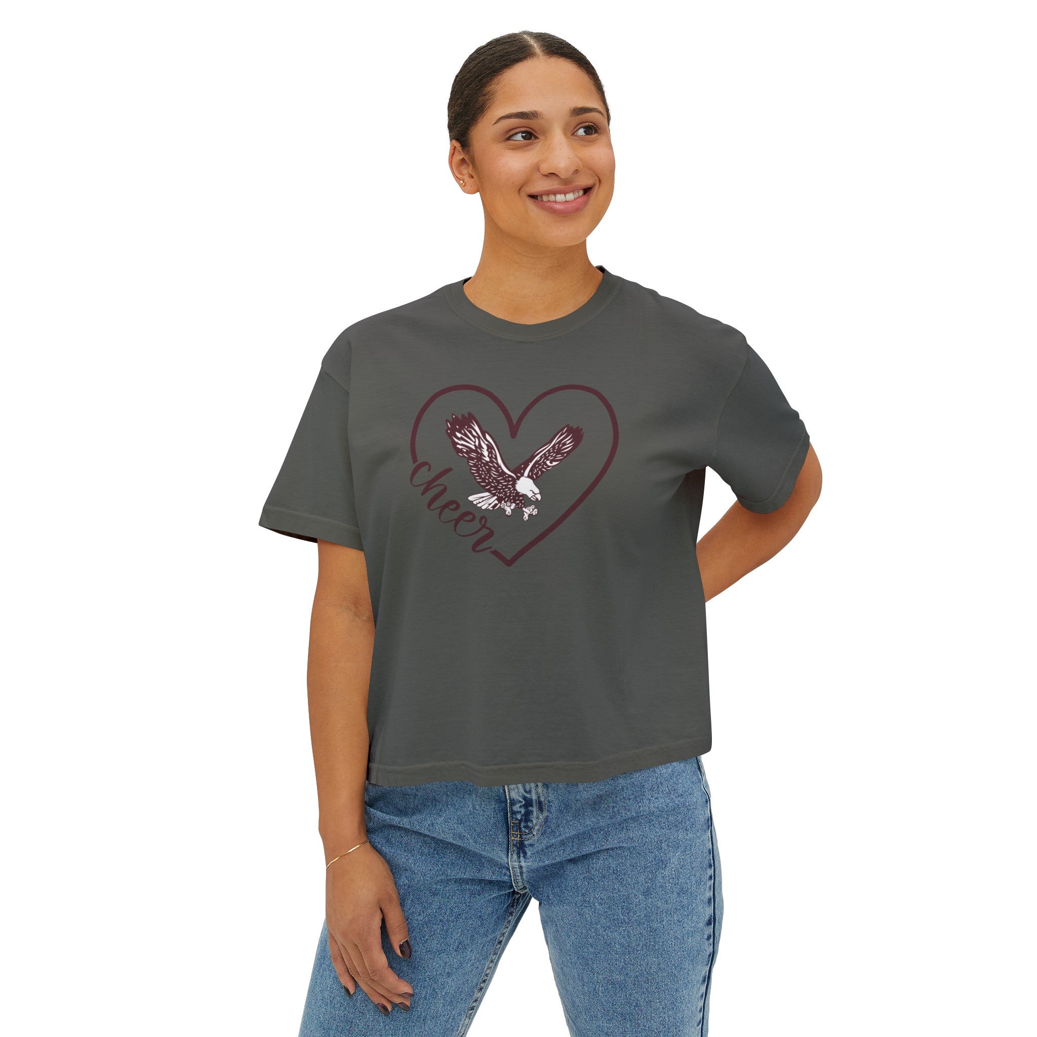 Women's Eagles Cheer Love Boxy Crop Short Sleeve Graphic Tee - New Albany Eagles