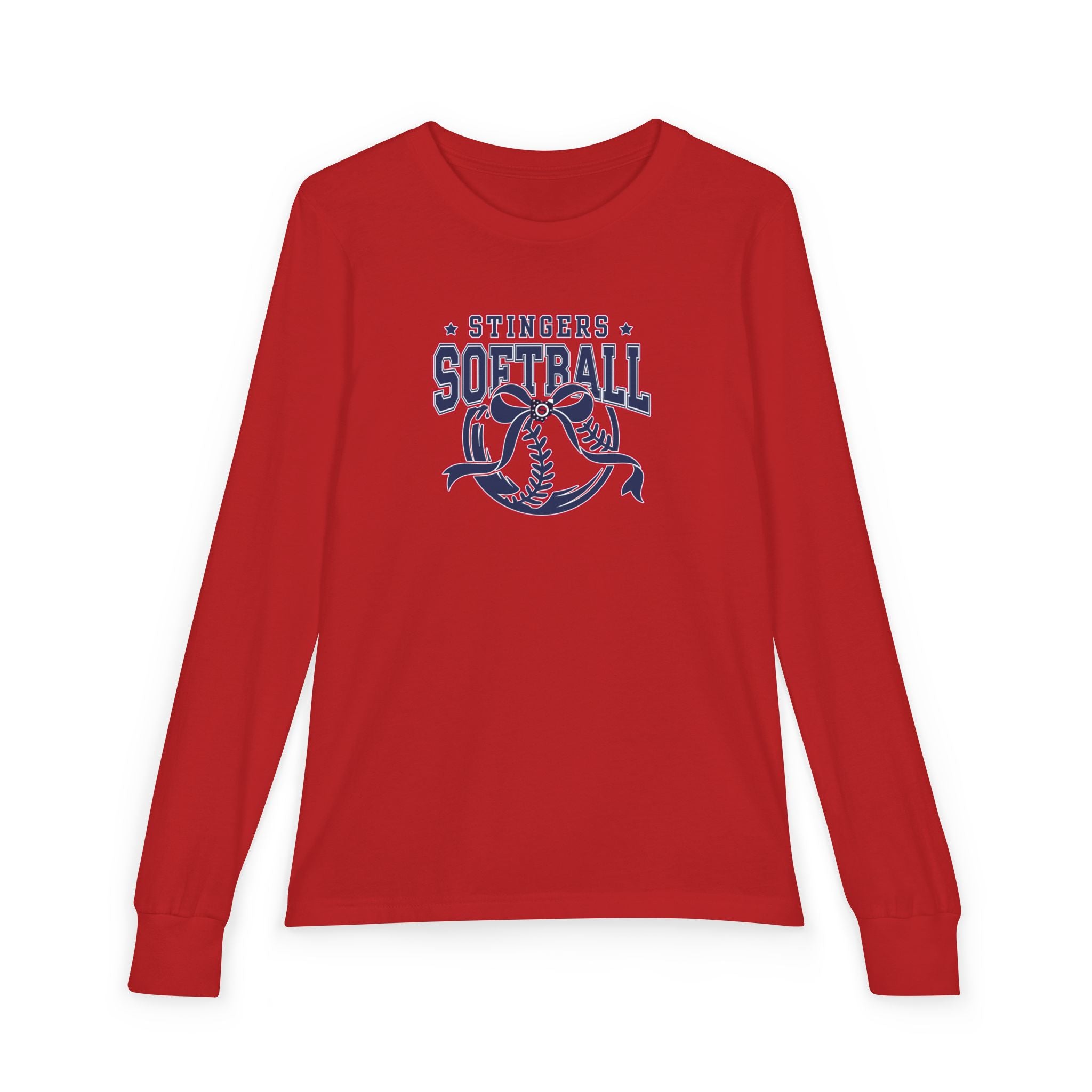 Youth Stingers Softball Spirit Bow Graphic Bella + Canvas Long Sleeve Soft Tee
