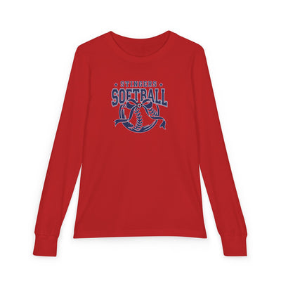 Youth Stingers Softball Spirit Bow Graphic Bella + Canvas Long Sleeve Soft Tee