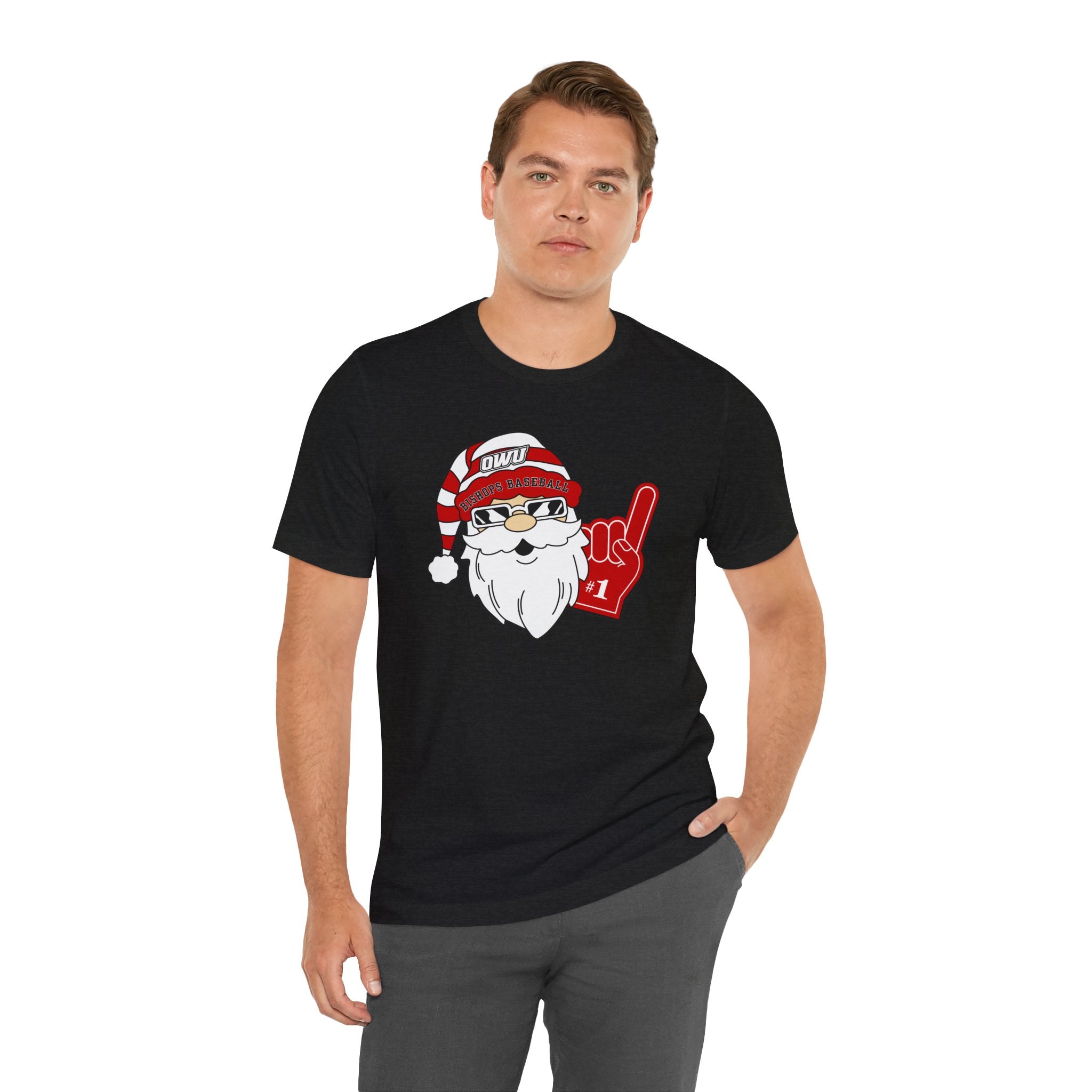 Adult Unisex OWU Bishops Baseball Spirited Santa Graphic Short Sleeve Soft Tee