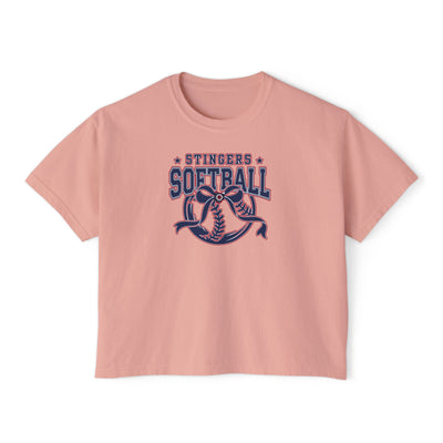 Women's Stingers Softball Spirit Bow Graphic Boxy Crop Short Sleeve Tee