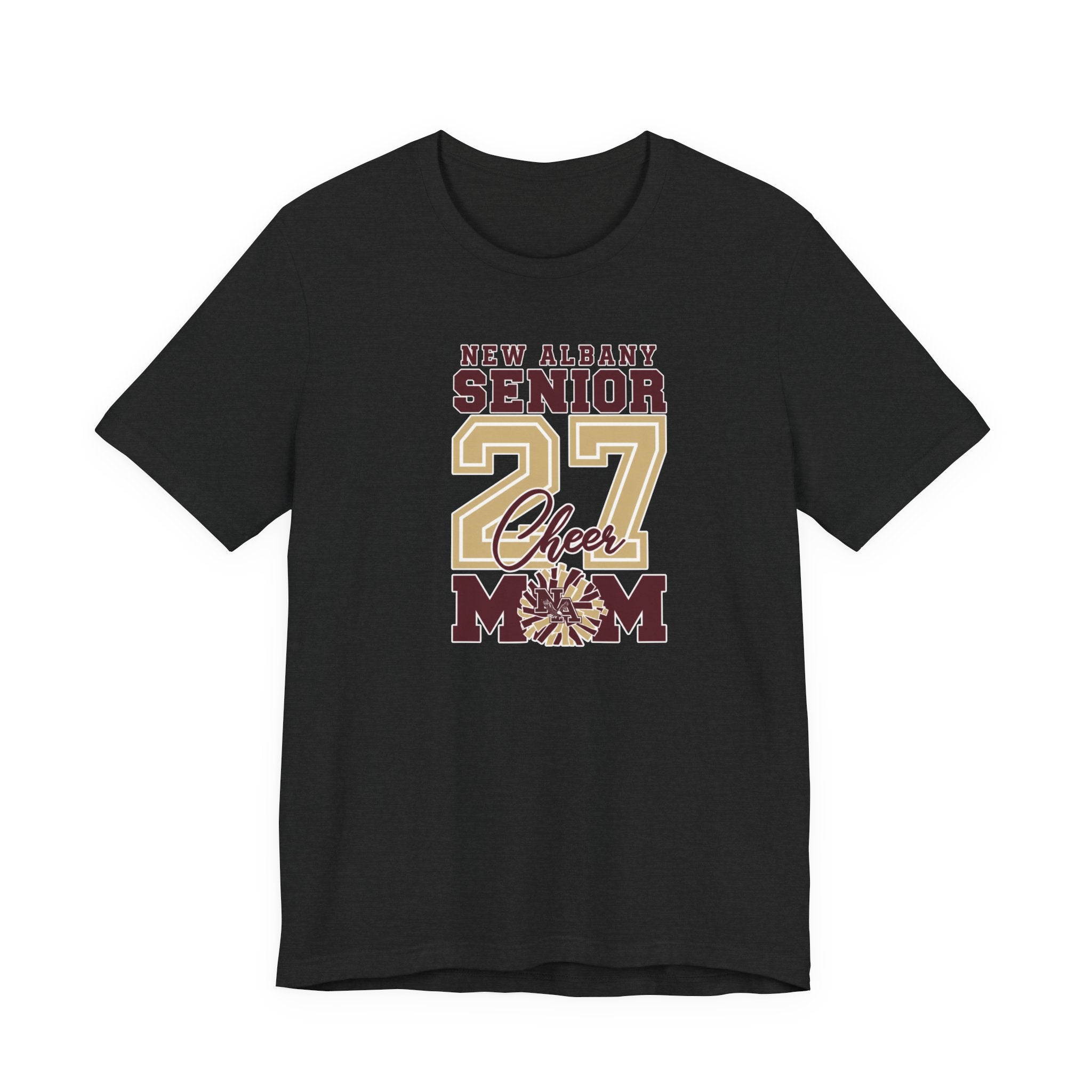 Adult Unisex New Albany 2027 Senior Cheer Mom Graphic Short Sleeve Bella + Canvas Soft Tee