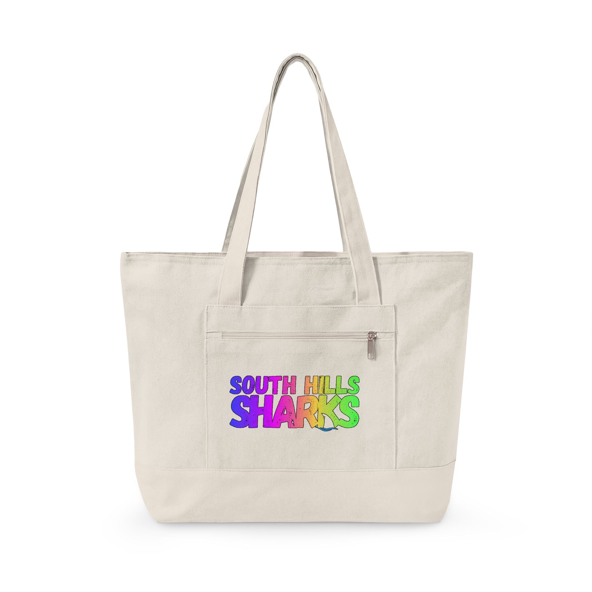 South Hills Sharks Neon Rainbow Graphic Large Zippered Canvas Tote