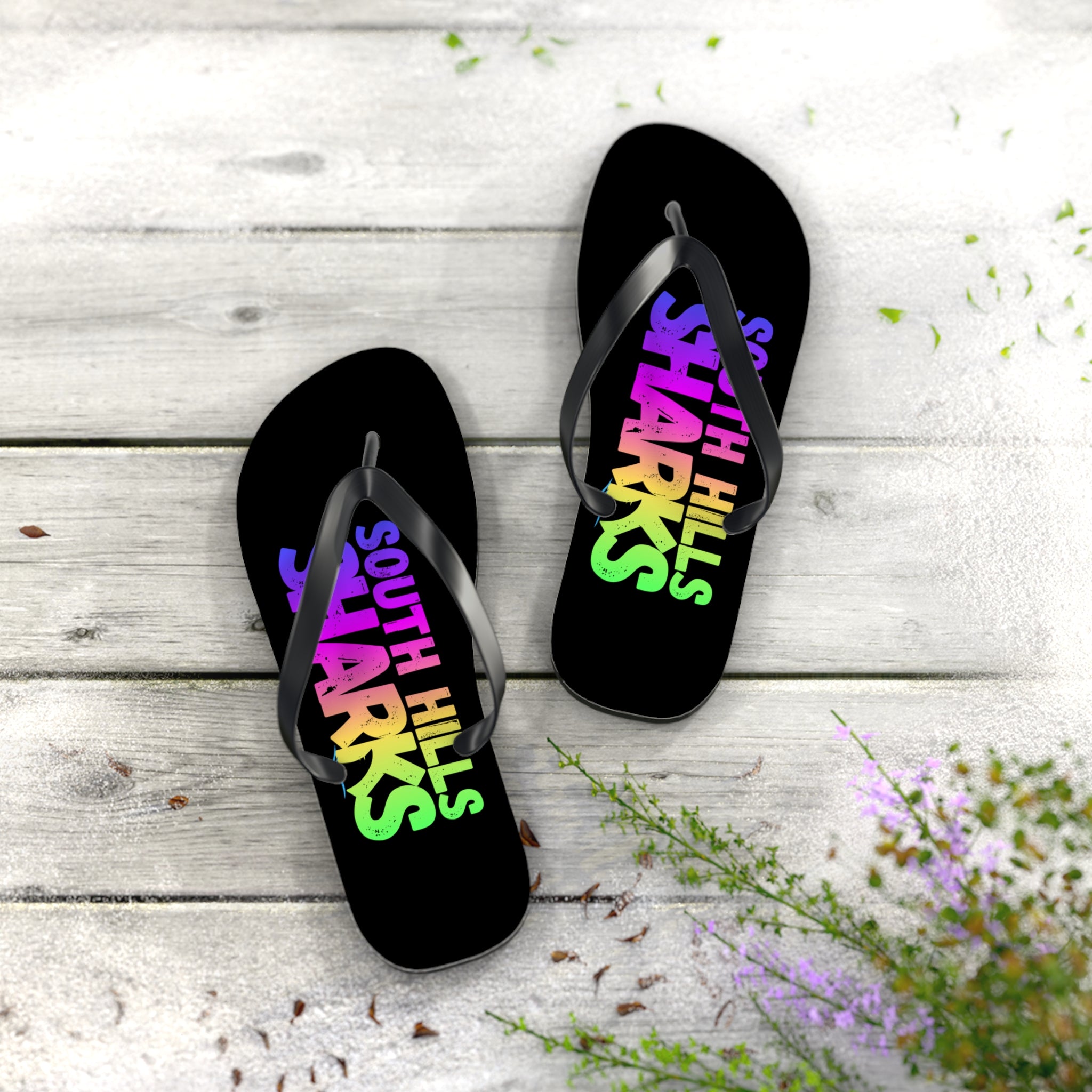 South Hills Sharks Neon Rainbow Graphic Print Flip Flops
