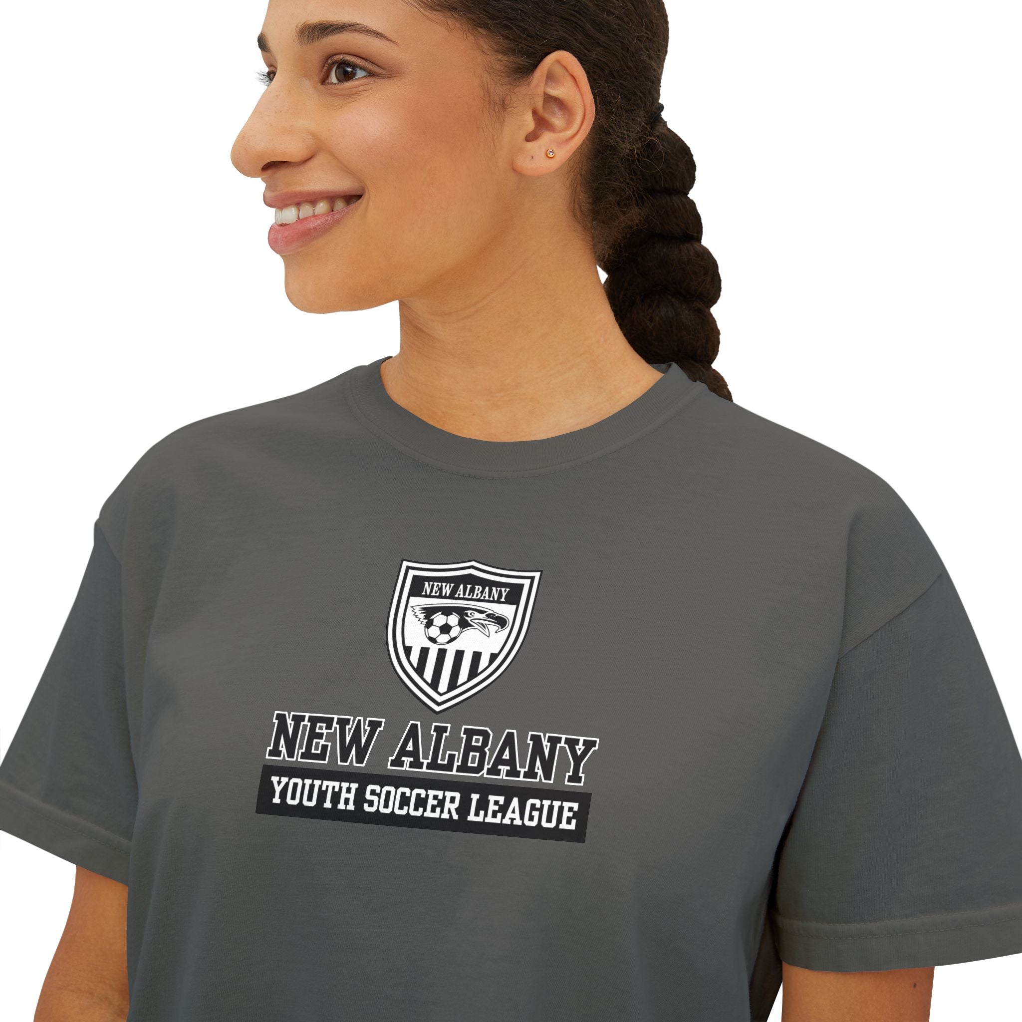 Women's New Albany Youth Soccer League Game Day Graphic Boxy Crop Short Sleeve Tee