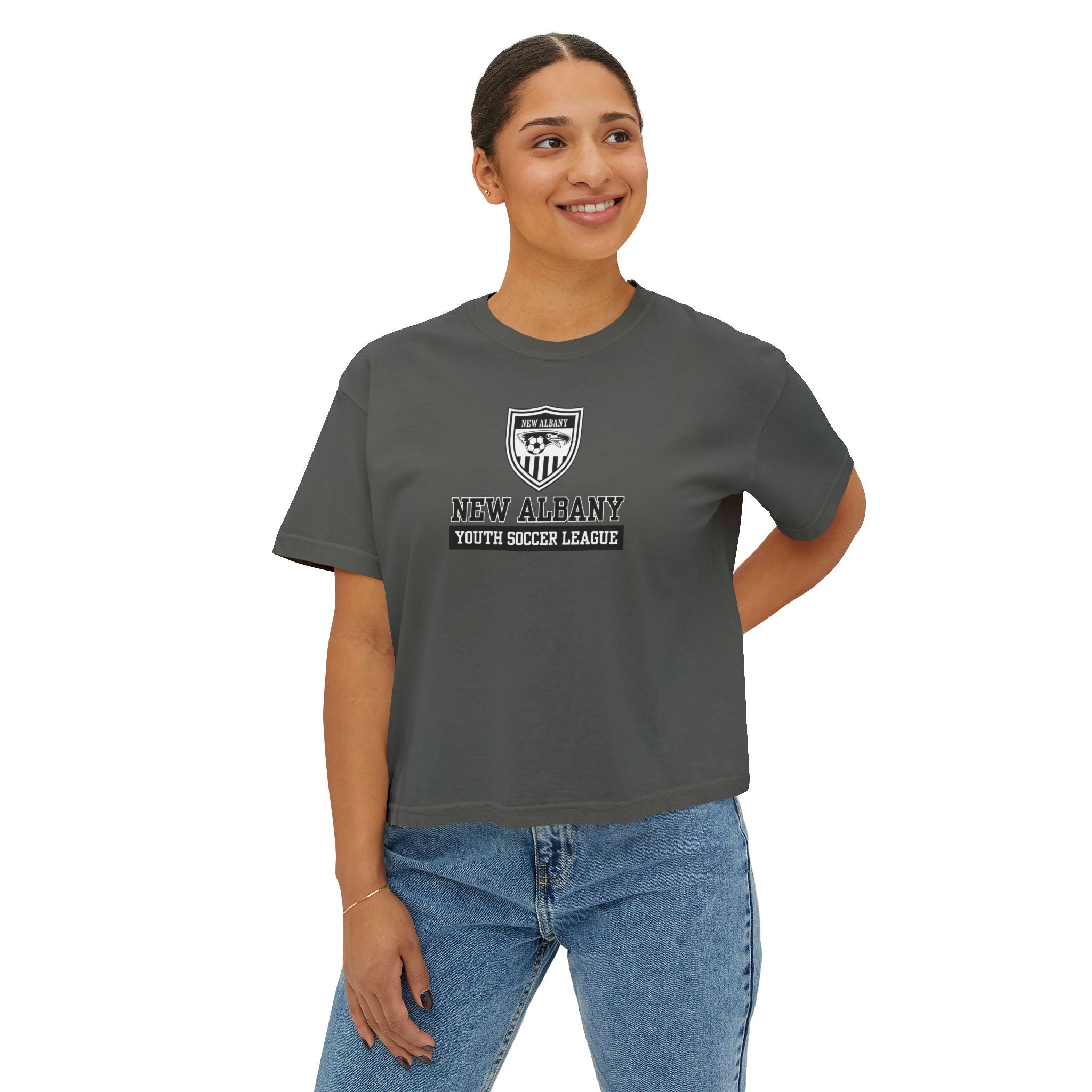Women's New Albany Youth Soccer League Game Day Graphic Boxy Crop Short Sleeve Tee