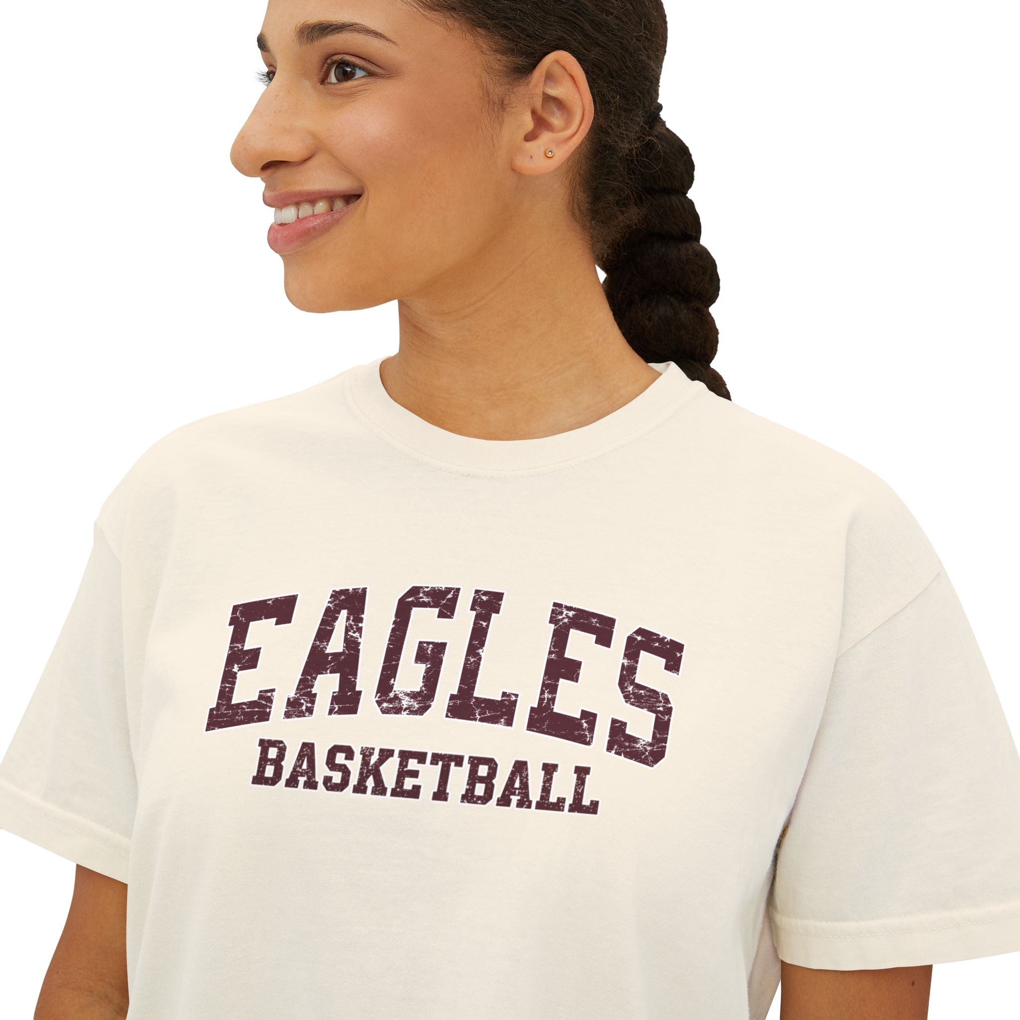 Women's Eagles Basketball Distressed Graphic Boxy Crop Short Sleeve Tee