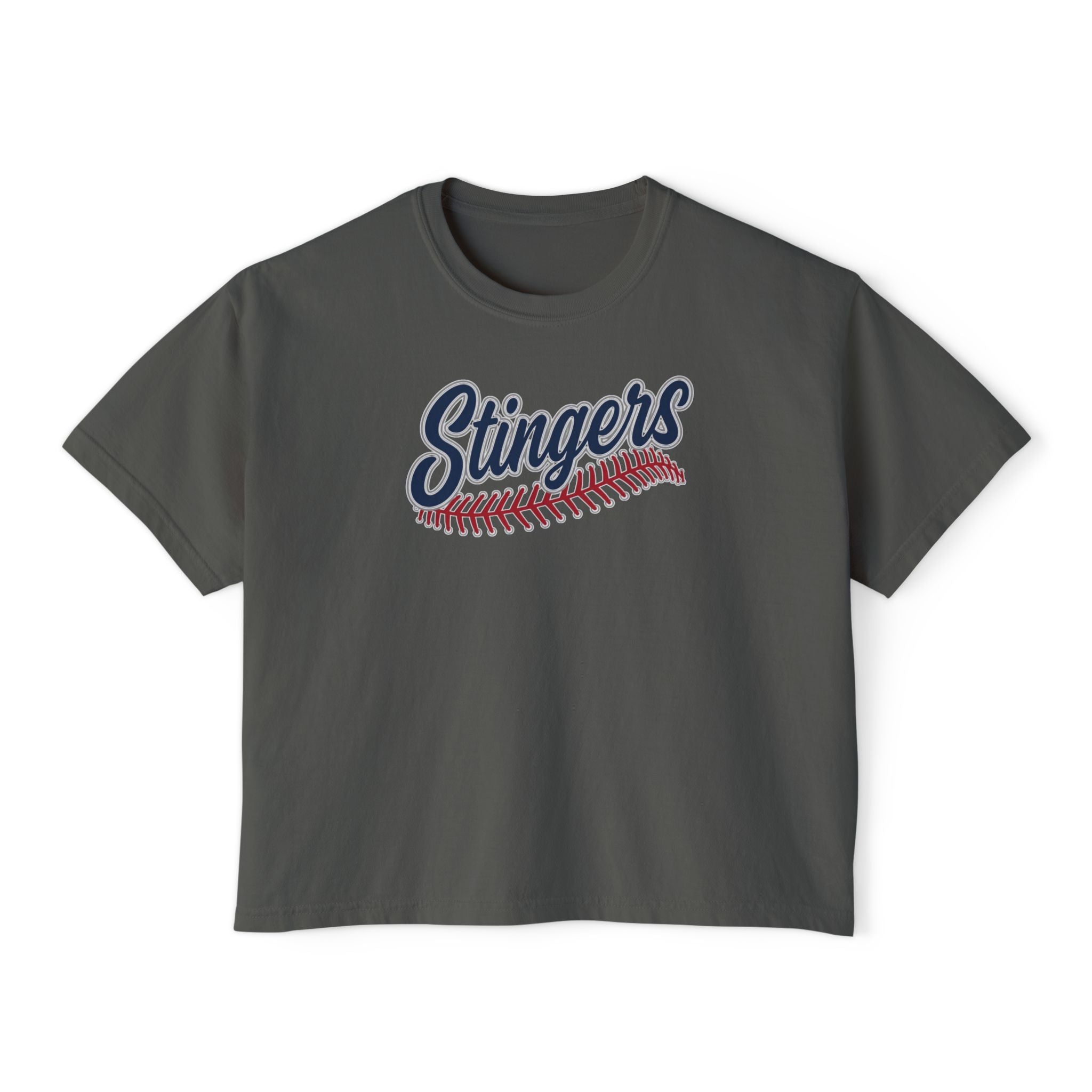 Women's Stingers Softball Stitches Graphic Boxy Crop Short Sleeve Tee